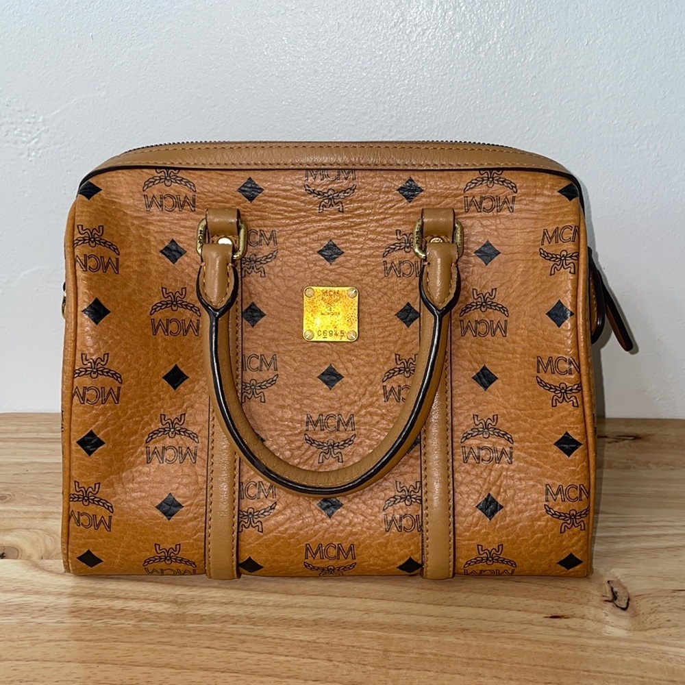 Authentic MCM Boston Bag Original Brown and Black Allover Leather Luxury Luxe